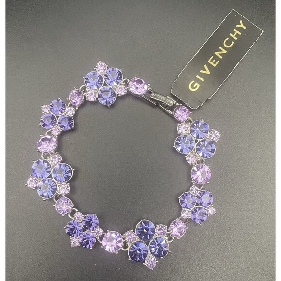 Givenchy Jewelry - Givenchy Bracelet Purple Crystal Flowers Silver Tone Pageant Bridesmaid Prom 7.5